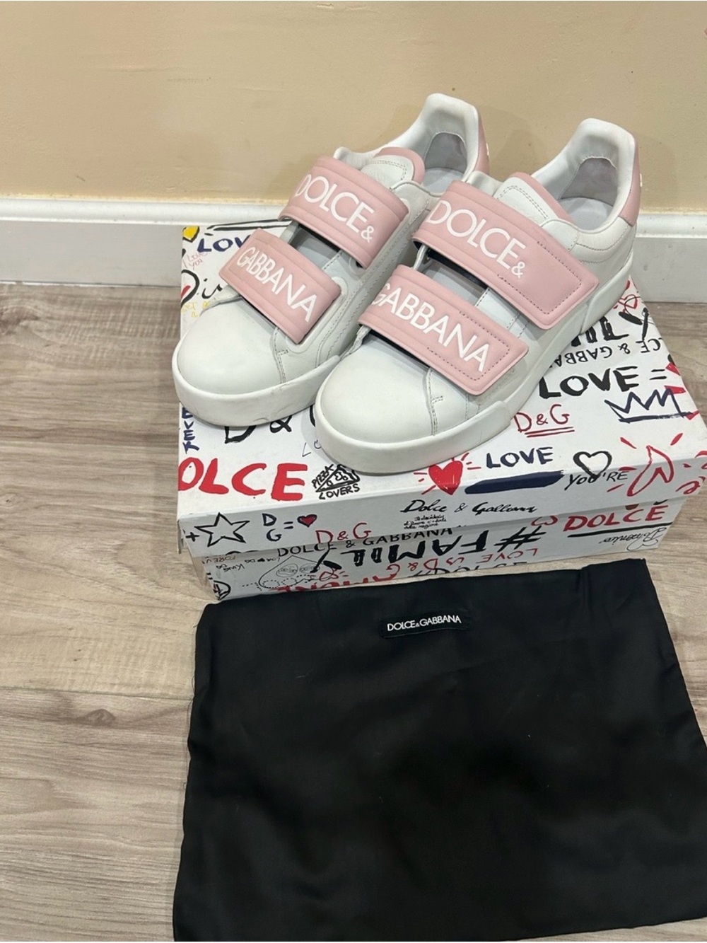 Final Sale Dolce & Gabbana Kids White and Pink Velcro Sneakers